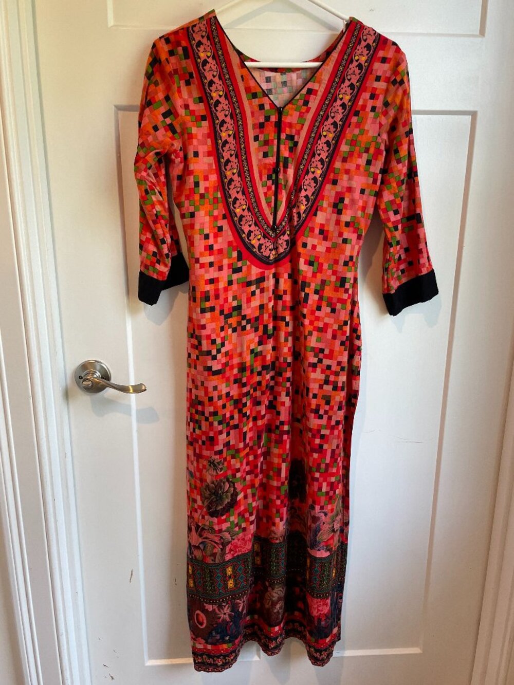 Cotton Blend 70s High Slit Kurti Tunic Dress Geometric Pixel Print Retro Red
